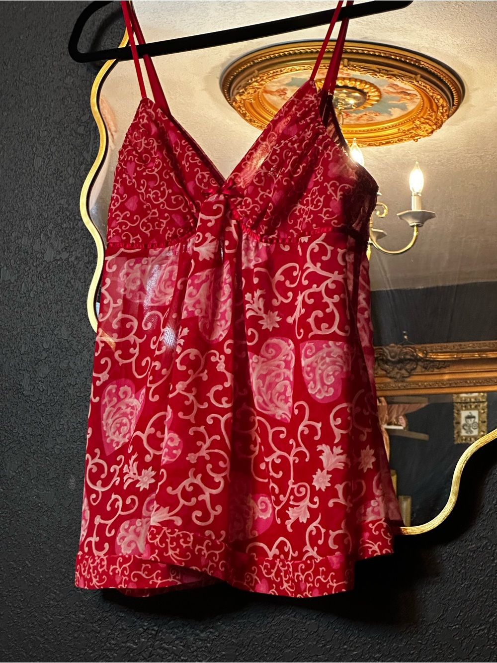 Red Printed Sheer Babydoll Chemise with V-Neck